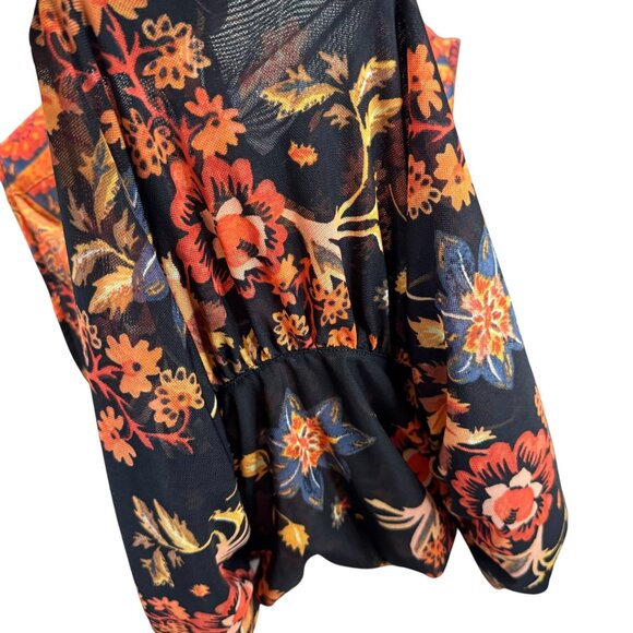 Free People Boho Floral Print Mesh Blouse Women’s Medium | Sheer Surplice V-Neck - Picture 3 of 8